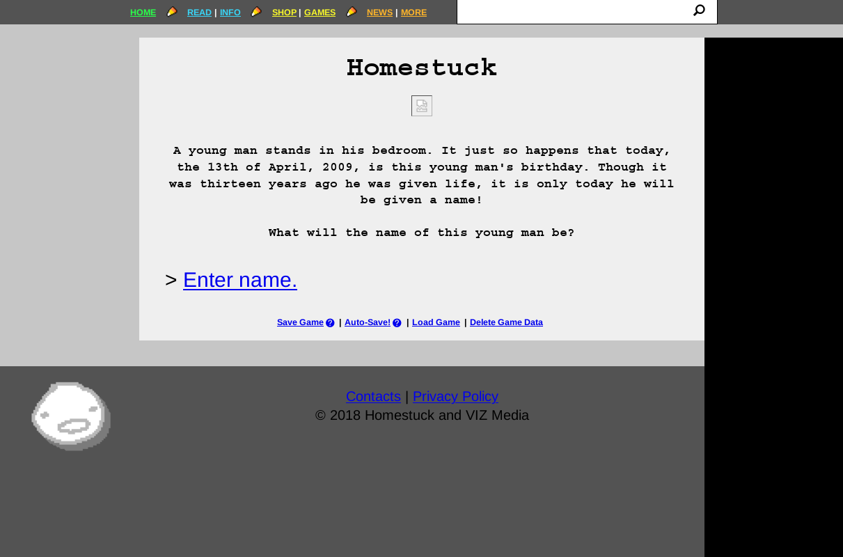 Page 1 of Homestuck, as shown on the official website, with the panel image missing and a large black column along the right edge of the screen