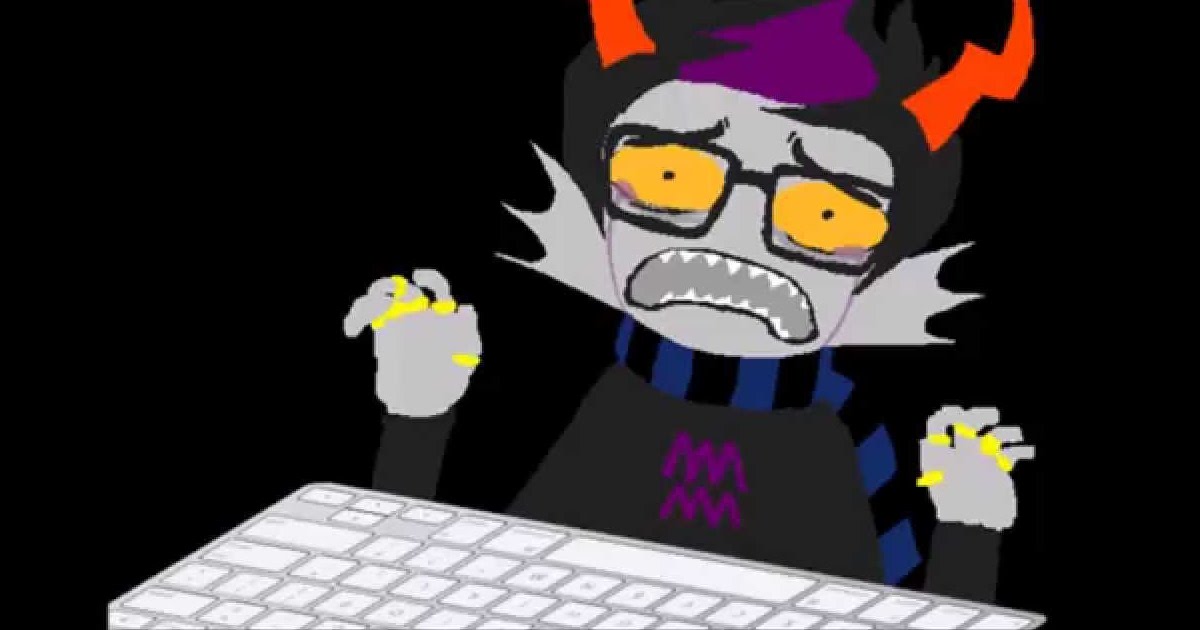 The Homestuck character 'Eridan' looking stressed at a keyboard. He has grey skin, orange horns, sharp teeth, and yellow eyes. He wears a black t-shirt with a purple Aquarius symbol.