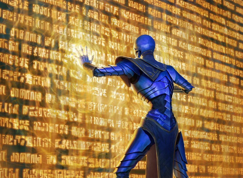 A figure in fantastical blue armour touches a glowing gold wall covered with cryptic symbols.