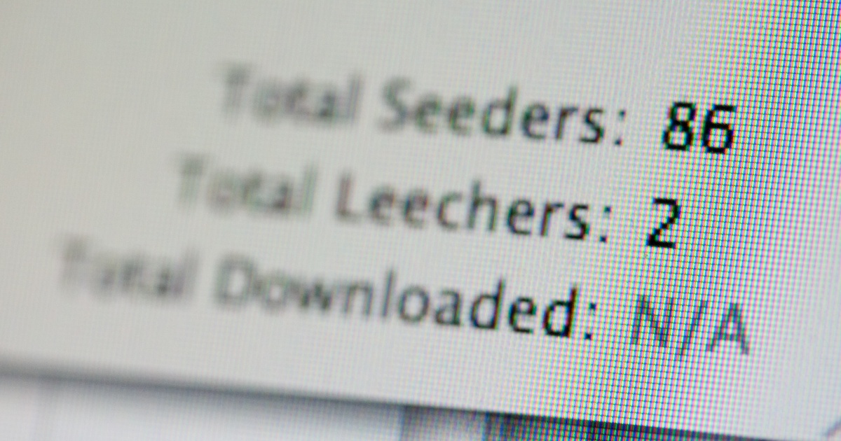 Close-up of a computer screen displaying torrent statistics. Total Seeders: 86, Total Leechers: 2, Total Downloaded: N/A. Text appears pixelated.